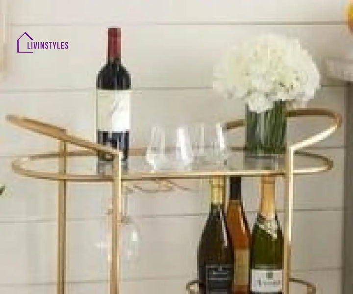 Modern Golden Oval Trolley With Glass Top And Marble Bottom - 3 Tier Bar Cart Serving Trays