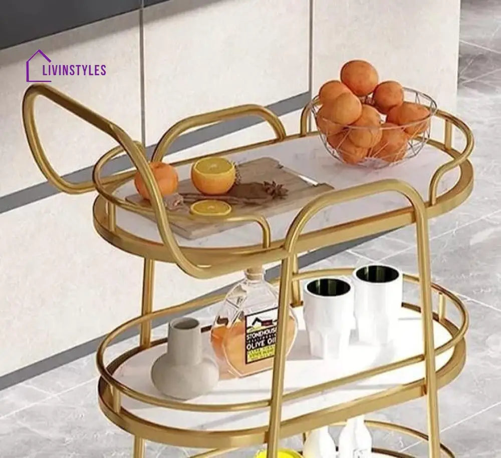 Modern Golden Oval Trolley With White Marble Top - 3 Tier Bar Cart Serving Trays