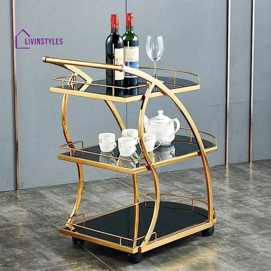 Modern Golden Trolley with Black Glass Top