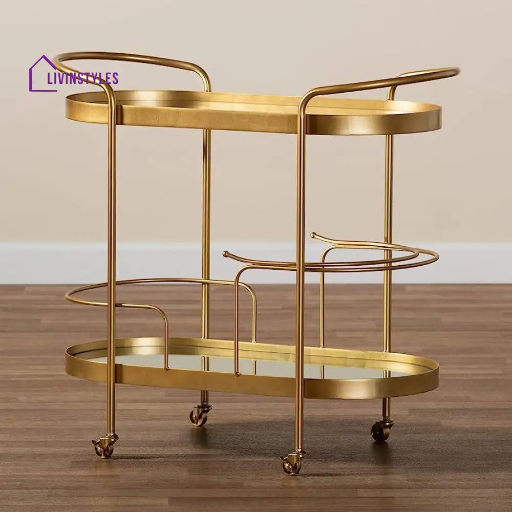 Modern Golden Trolley With Mirrored Top - 2 Tier Serving Cart Trays