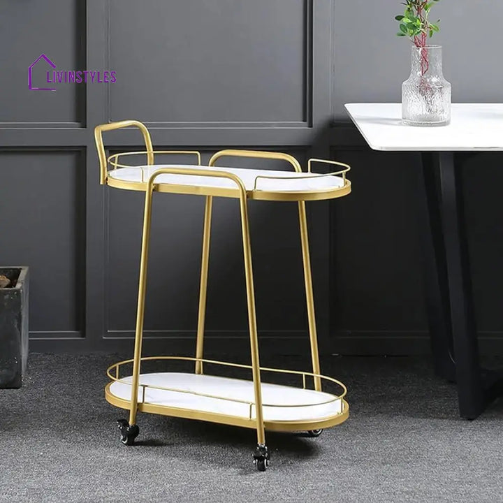 Modern Golden Trolley With White Marble Top - 2 Tier Serving Cart Trays