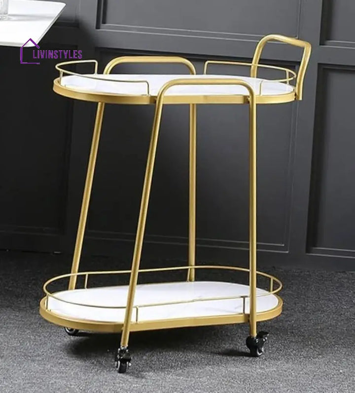 Modern Golden Trolley With White Marble Top - 2 Tier Serving Cart Trays