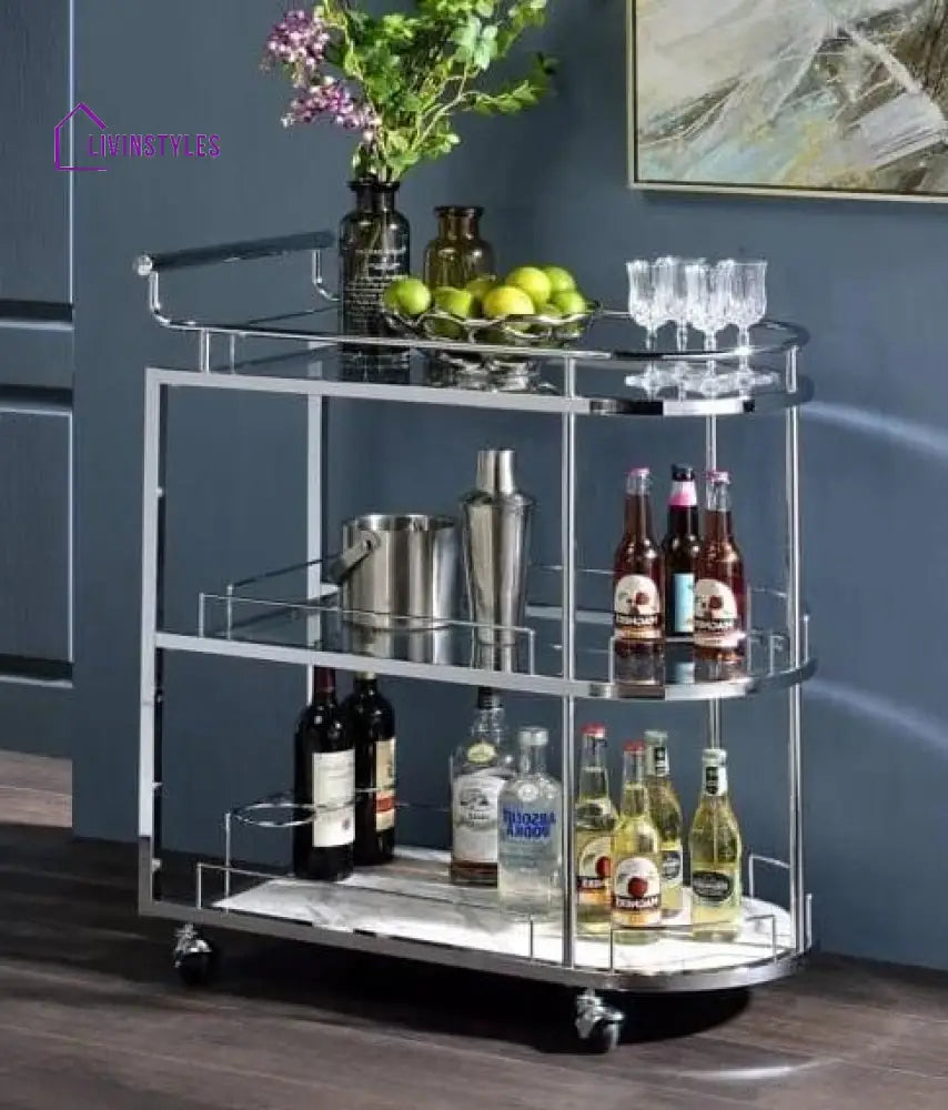 Modern Nickel Tone Stainless Steel Oval Trolley With Glass And Marble Shelves Serving Trays