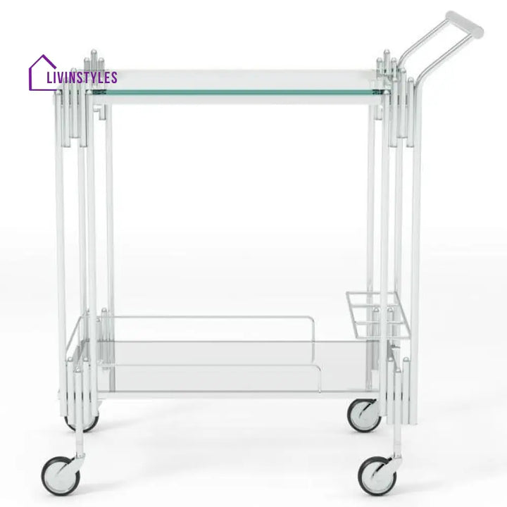 Modern Nickel Tone Stainless Steel Rectangle Trolley With Clear Glass - 2 Tier Bar Cart Serving