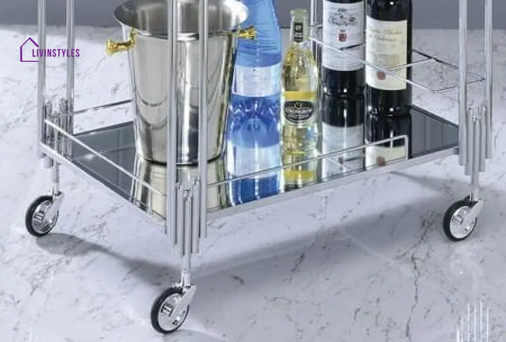 Modern Nickel Tone Stainless Steel Rectangle Trolley With Clear Glass - 2 Tier Bar Cart Serving