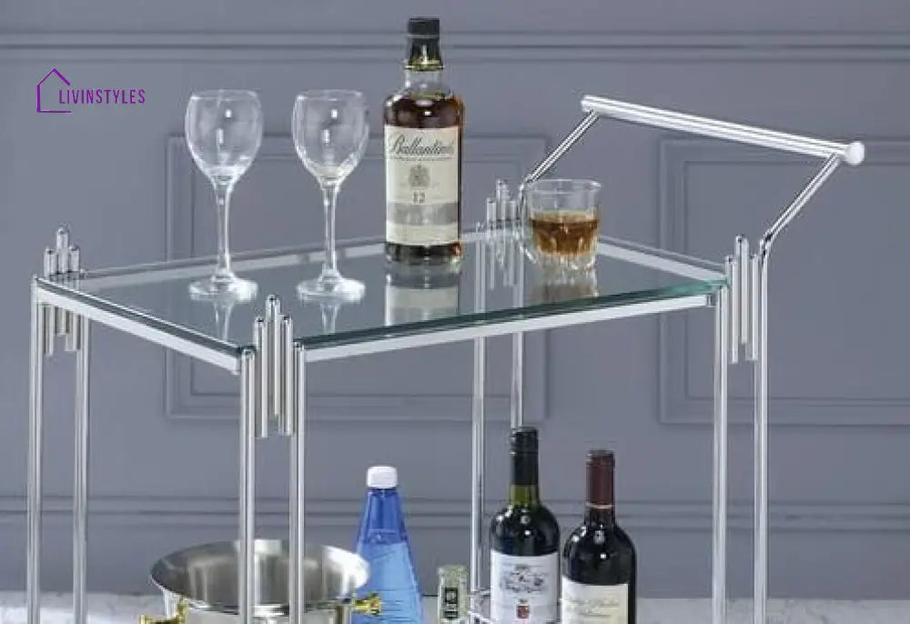 Modern Nickel Tone Stainless Steel Rectangle Trolley With Clear Glass - 2 Tier Bar Cart Serving