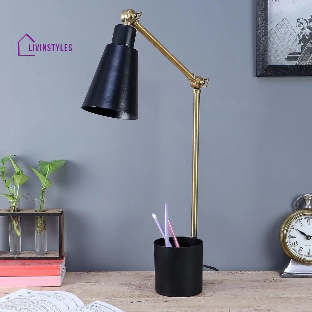 Modern Nordic Wood & Metal Study Lamp With Black Base By Ss Lightings Study