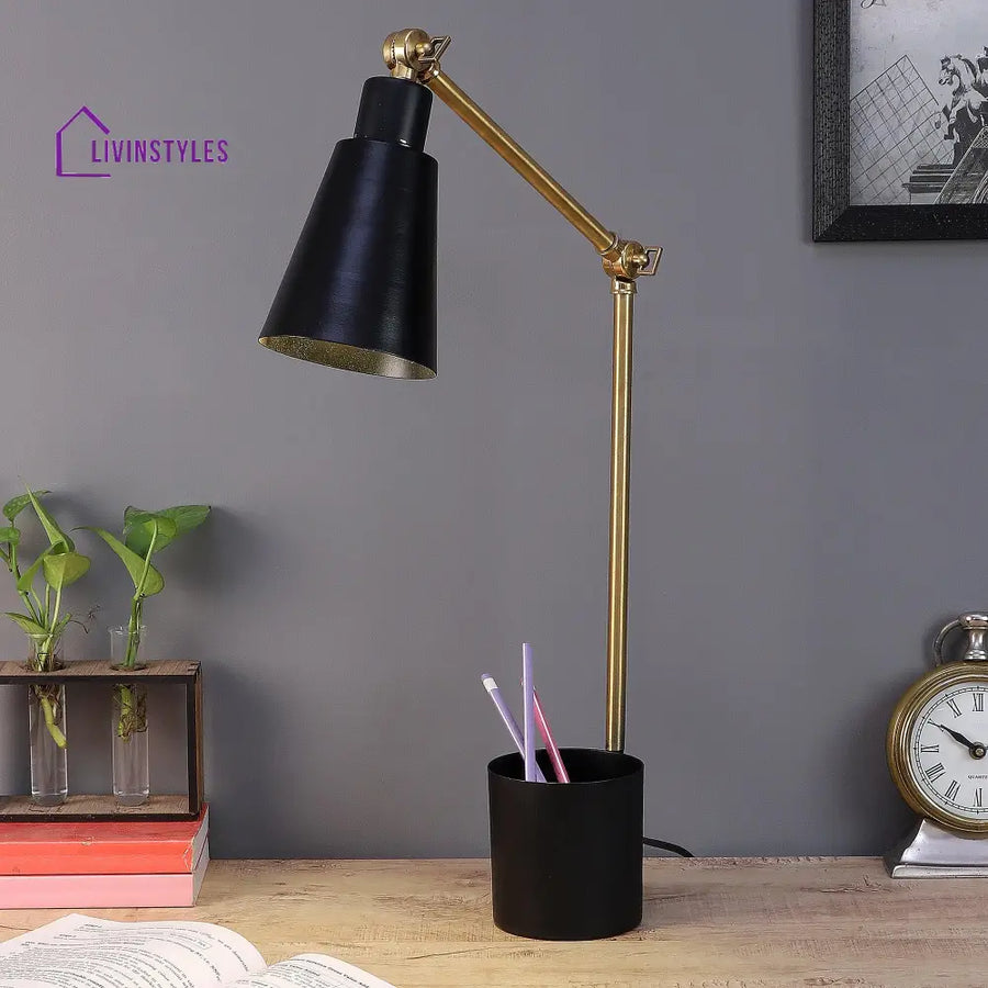 Modern Nordic Wood & Metal Study Lamp With Black Base By Ss Lightings Study