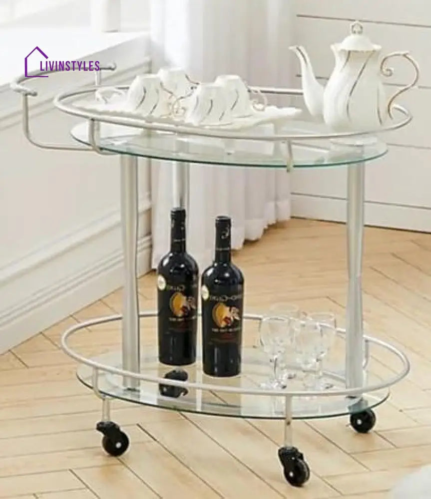 Modern Oval Iron Trolley With Clear Glass Top - 2 Tier Bar Cart Serving Trays