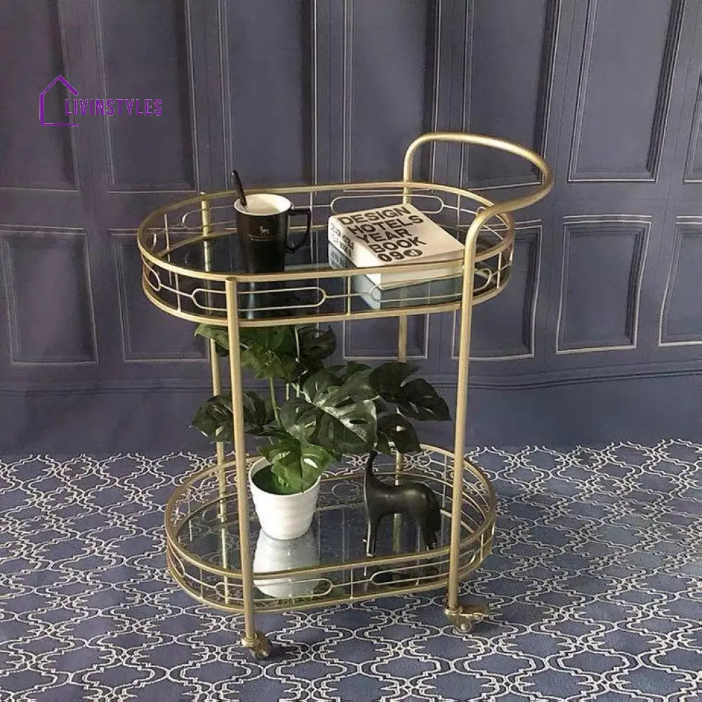 Modern Oval Iron Trolley With Tinted Glass Top - 2 Tier Bar Cart Serving Trays