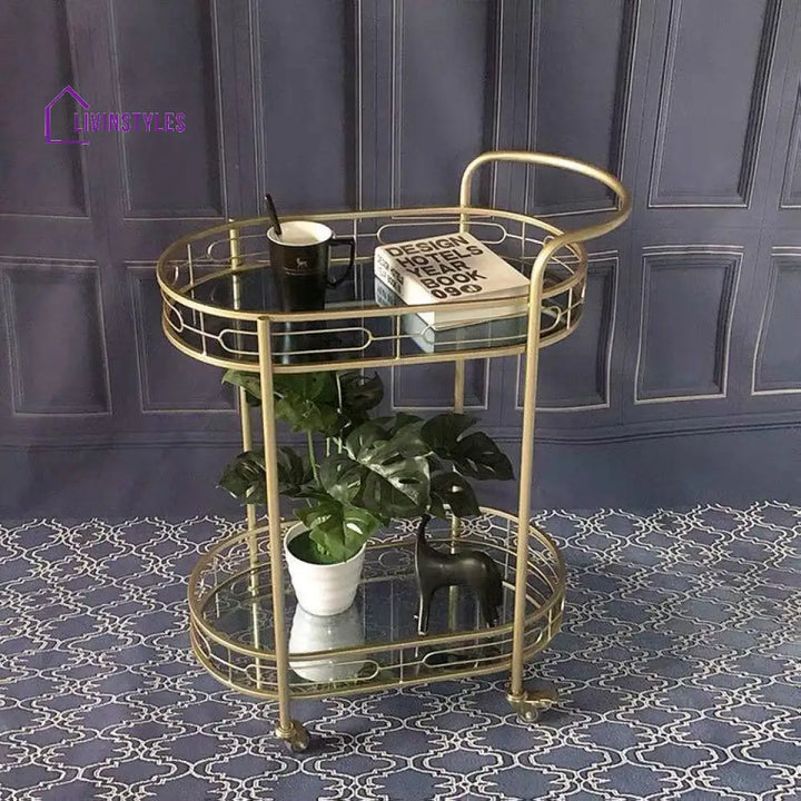 Modern Oval Iron Trolley With Tinted Glass Top - 2 Tier Bar Cart Serving Trays