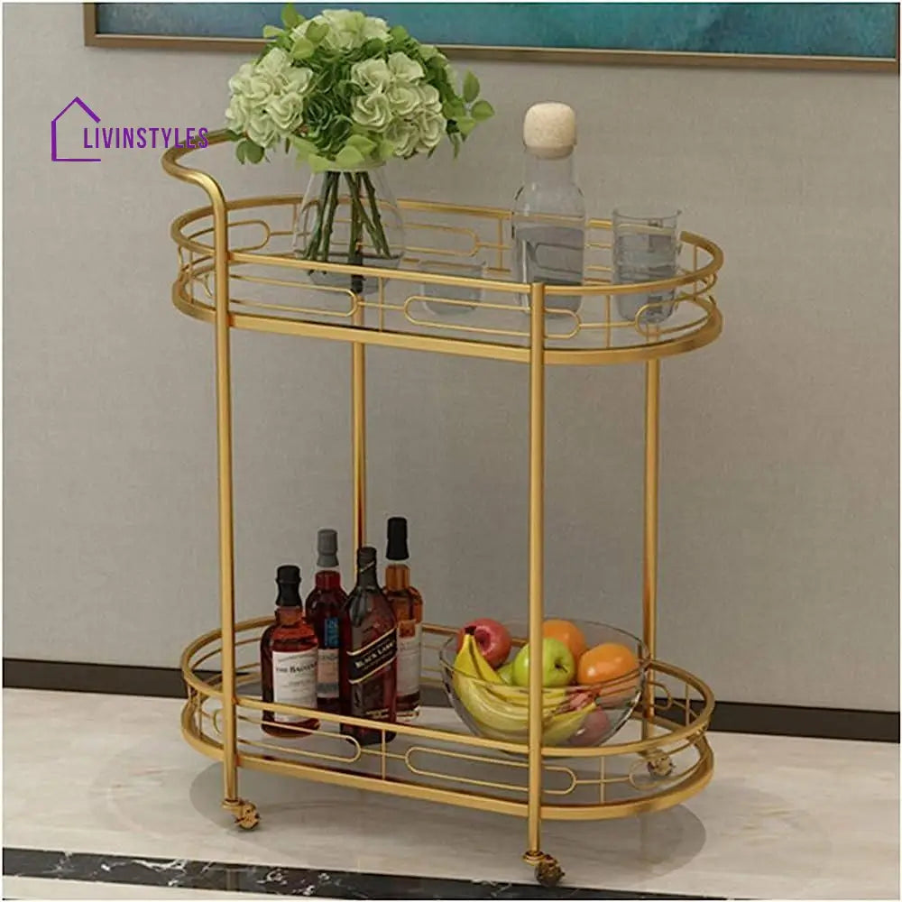 Modern Oval Iron Trolley With Tinted Glass Top - 2 Tier Bar Cart Serving Trays