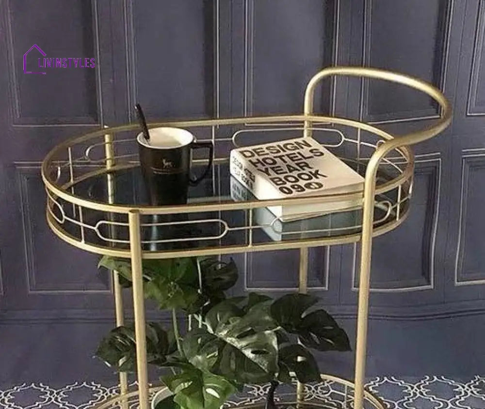 Modern Oval Iron Trolley With Tinted Glass Top - 2 Tier Bar Cart Serving Trays