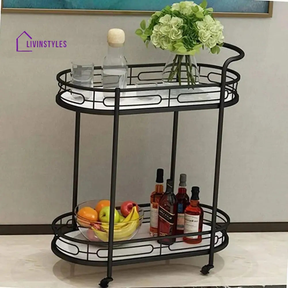 Modern Oval Iron Trolley With White Marble Top - 2 Tier Bar Cart Serving Trays