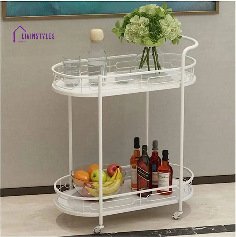 Modern Oval Iron Trolley With White Marble Top - 2 Tier Bar Cart Serving Trays