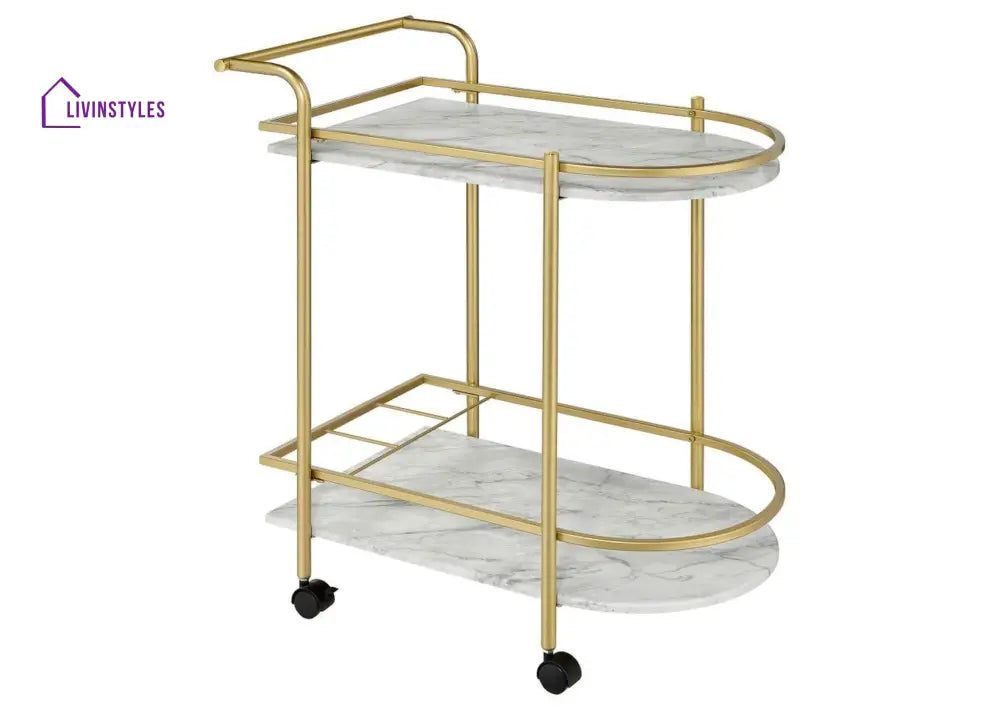 Modern Oval Iron Trolley With White Marble Top - 2 Tier Bar Cart Serving Trays