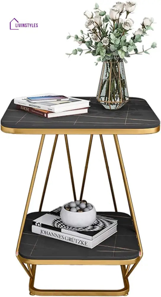 Modern Square Shaped Creative Artistic Golden Metal Finish with Black Marble Table