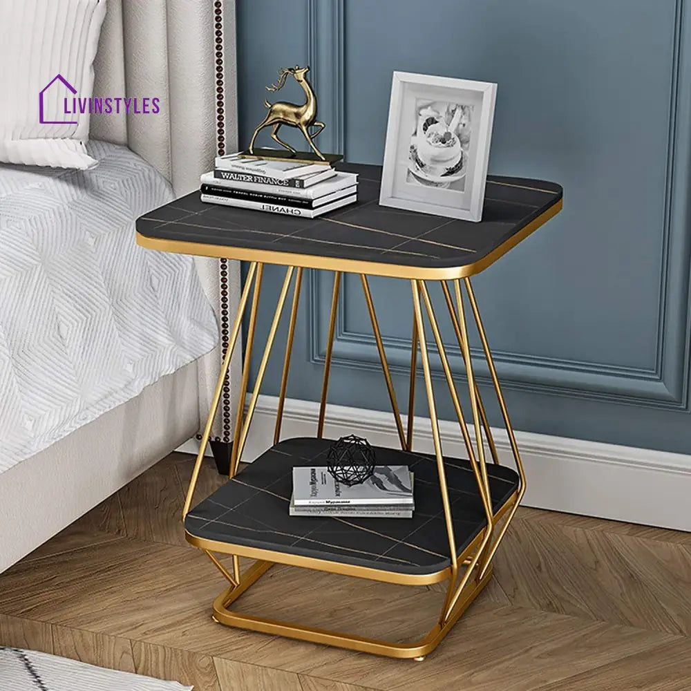 Modern Square Shaped Creative Artistic Golden Metal Finish with Black Marble Table