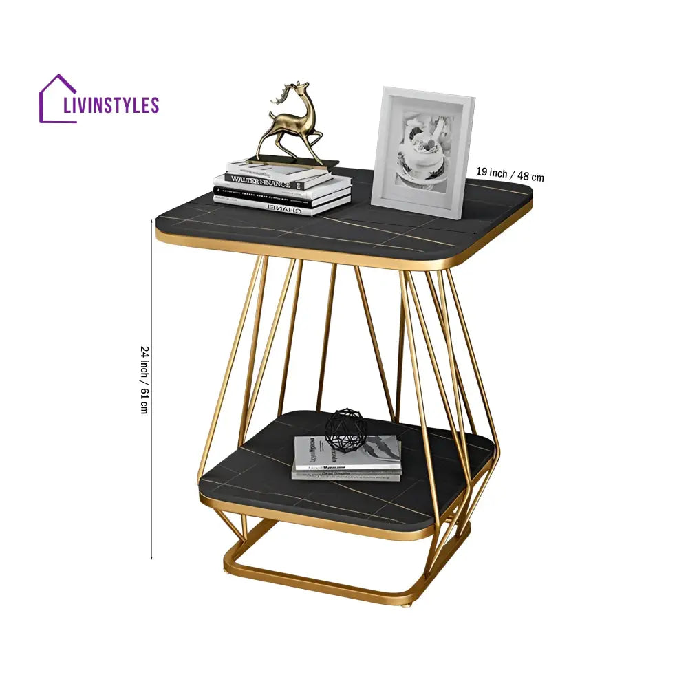 Modern Square Shaped Creative Artistic Golden Metal Finish with Black Marble Table