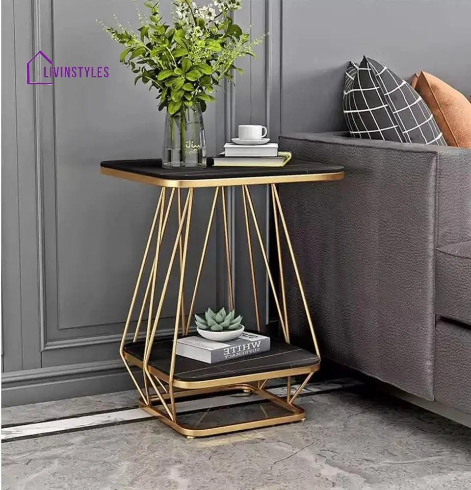 Modern Square Shaped Creative Artistic Golden Metal Finish with Black Marble Table