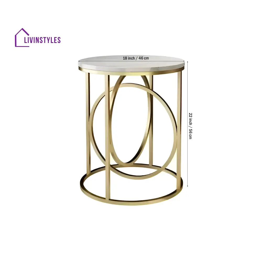 Modern White Marble Round Shaped Side Table with Golden Metallic Side Table