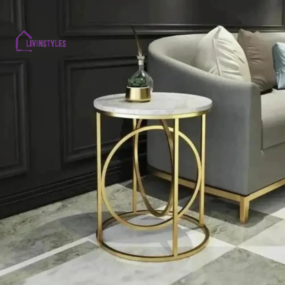 Modern White Marble Round Shaped Side Table with Golden Metallic Side Table