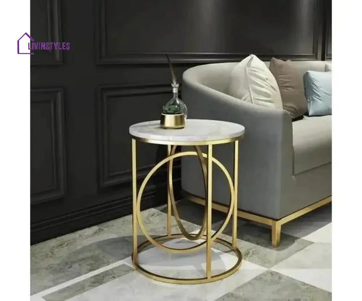 Modern White Marble Round Shaped Side Table with Golden Metallic Side Table