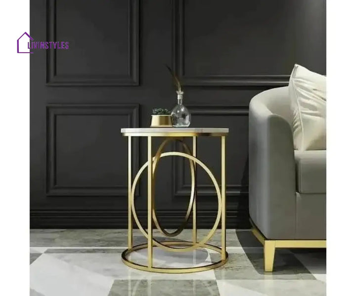 Modern White Marble Round Shaped Side Table with Golden Metallic Side Table