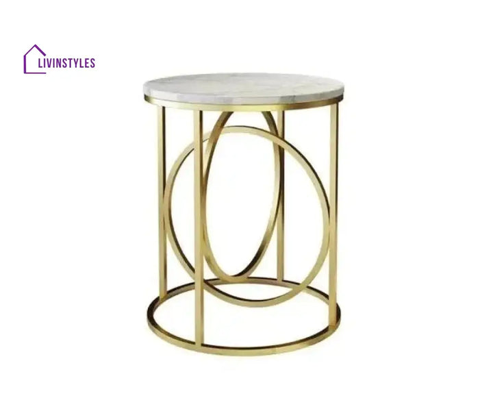 Modern White Marble Round Shaped Side Table with Golden Metallic Side Table