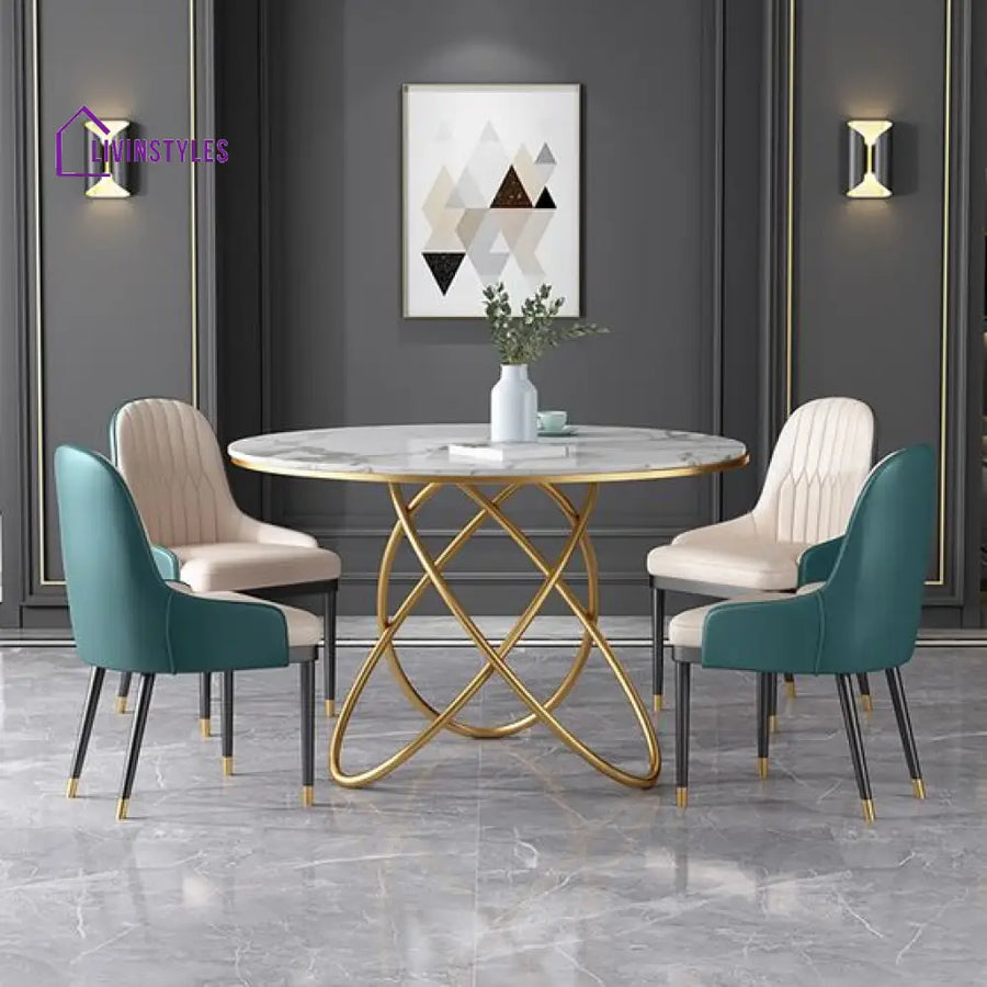 Modern White Round Dining Table With Marble Top And Metal Trestle