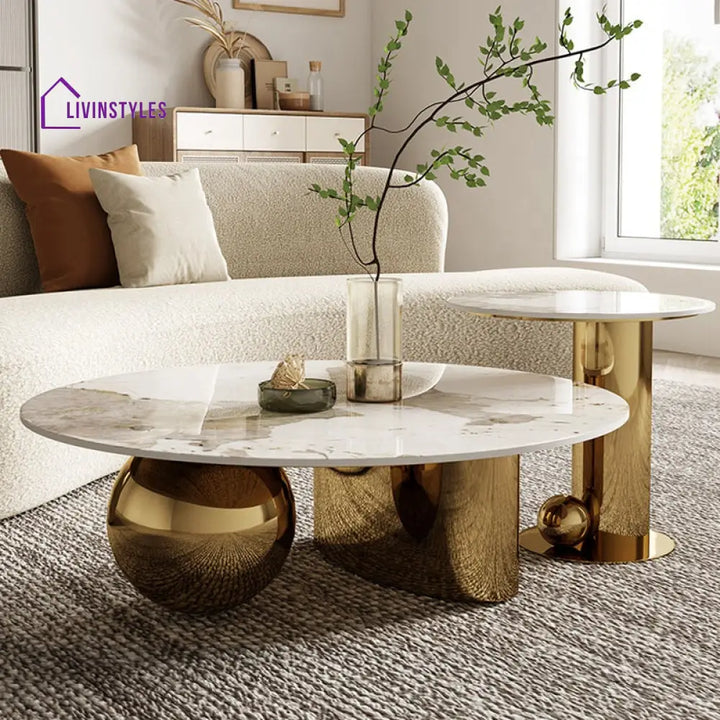 Mohit Marble Top Stainless Steel With Pvd Coated Coffee Table Set