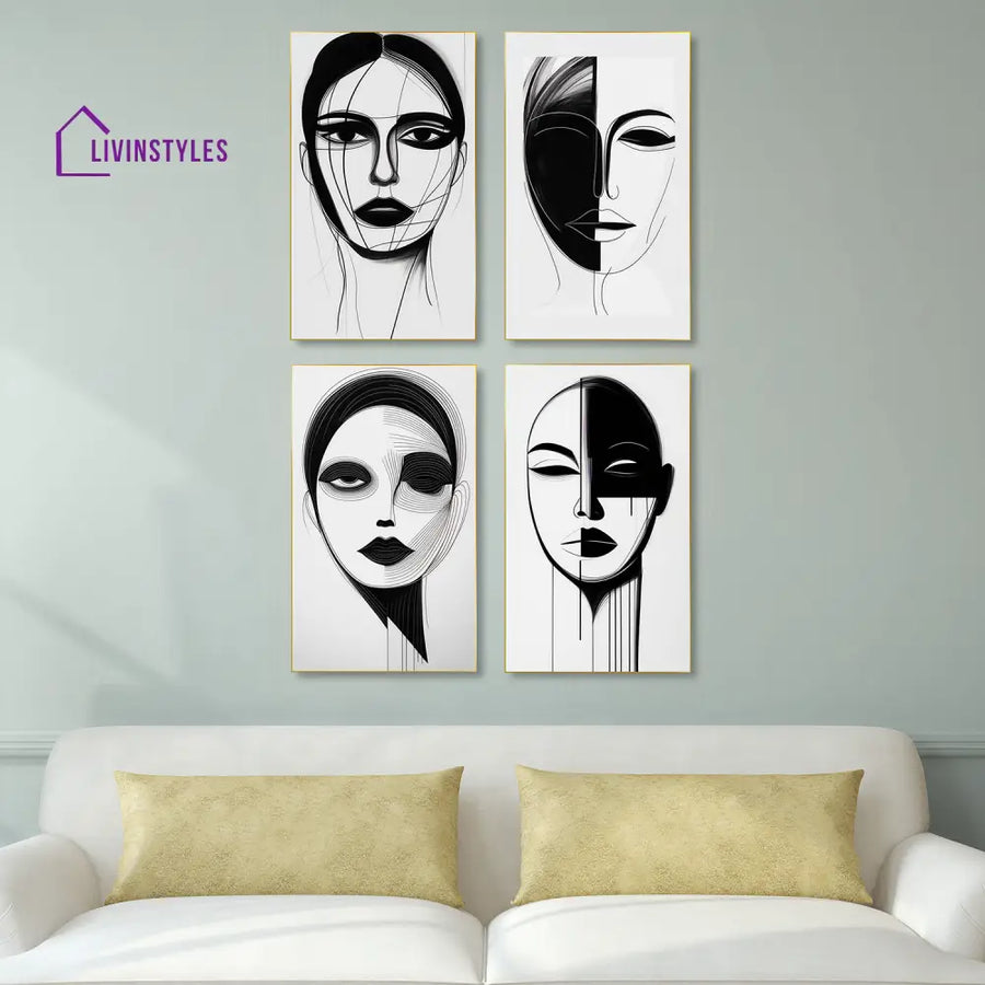 Monochrome Elegance: Woman’s Captivating Portrait Set Of 4 Canvas Wall Painting