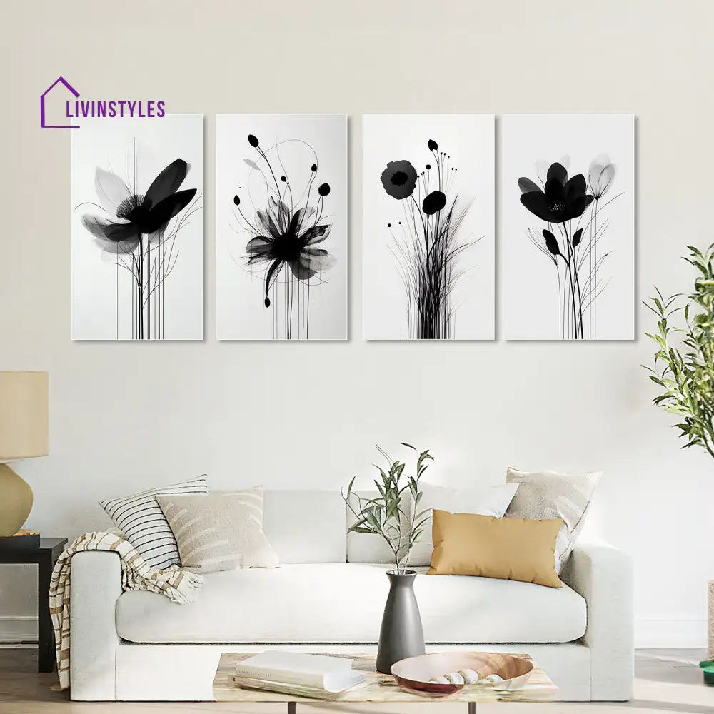 Monochrome Floral Elegance: Wall Art Canvas Paintings Set Of 4 Painting