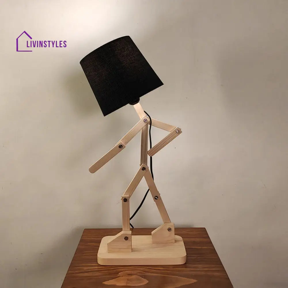 Moonwalker Beige Wooden Table Lamp With Black Fabric Lampshade Lamps