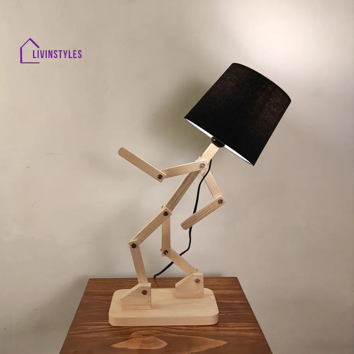 Moonwalker Beige Wooden Table Lamp With Black Fabric Lampshade Lamps