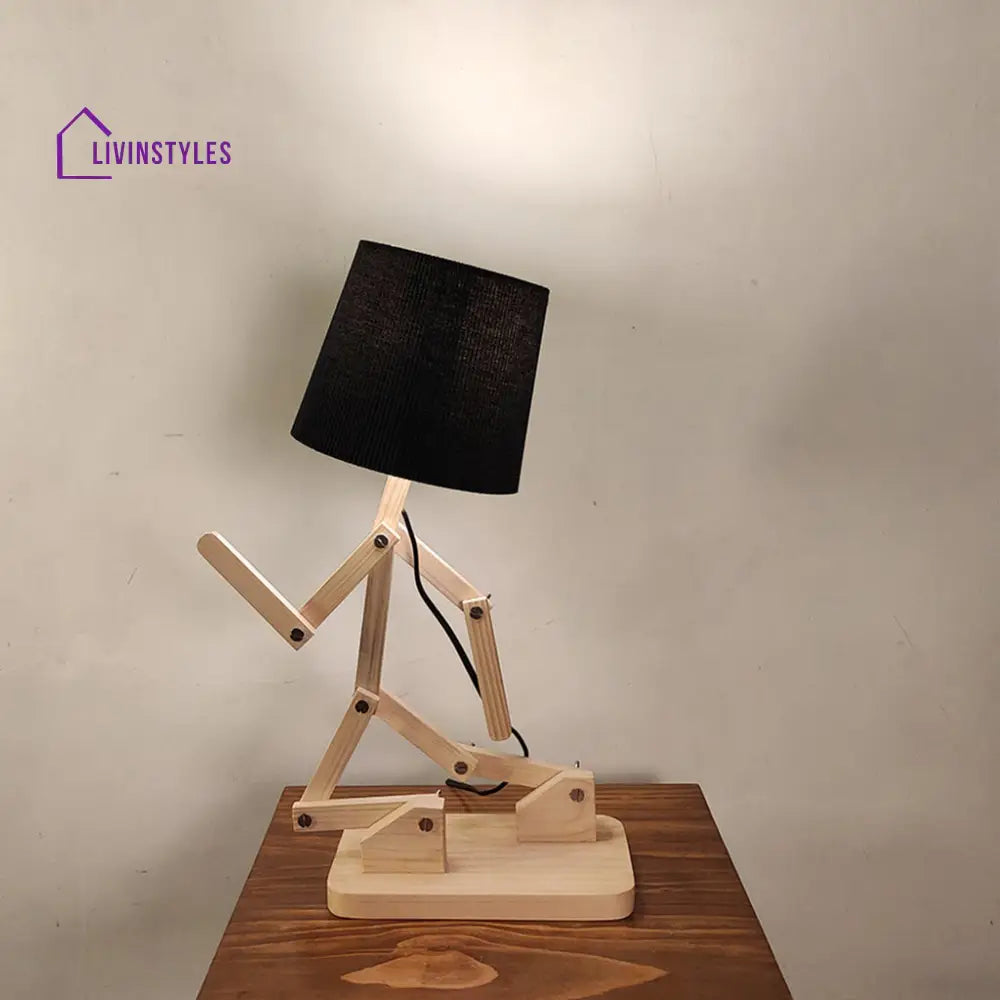 Moonwalker Beige Wooden Table Lamp With Black Fabric Lampshade Lamps