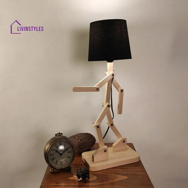 Moonwalker Beige Wooden Table Lamp With Black Fabric Lampshade Lamps