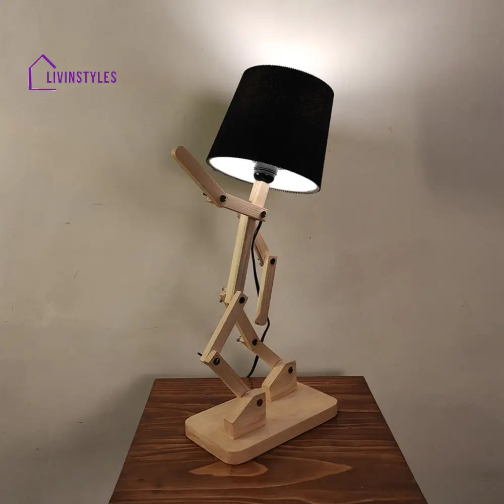 Moonwalker Beige Wooden Table Lamp With Black Fabric Lampshade Lamps