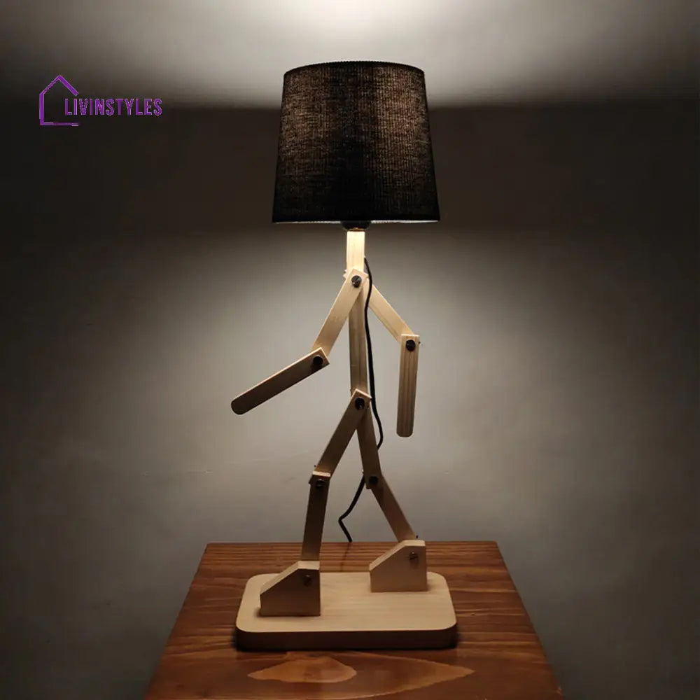 Moonwalker Beige Wooden Table Lamp With Black Fabric Lampshade Lamps