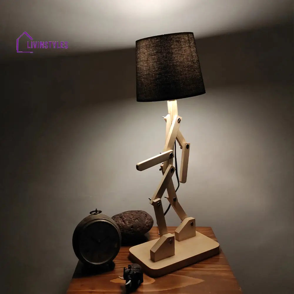 Moonwalker Beige Wooden Table Lamp With Black Fabric Lampshade Lamps