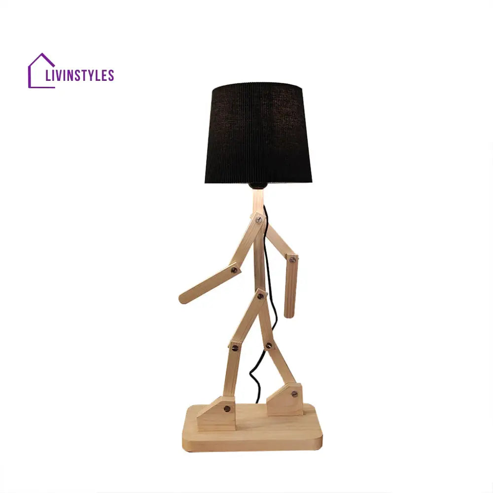 Moonwalker Beige Wooden Table Lamp With Black Fabric Lampshade Lamps