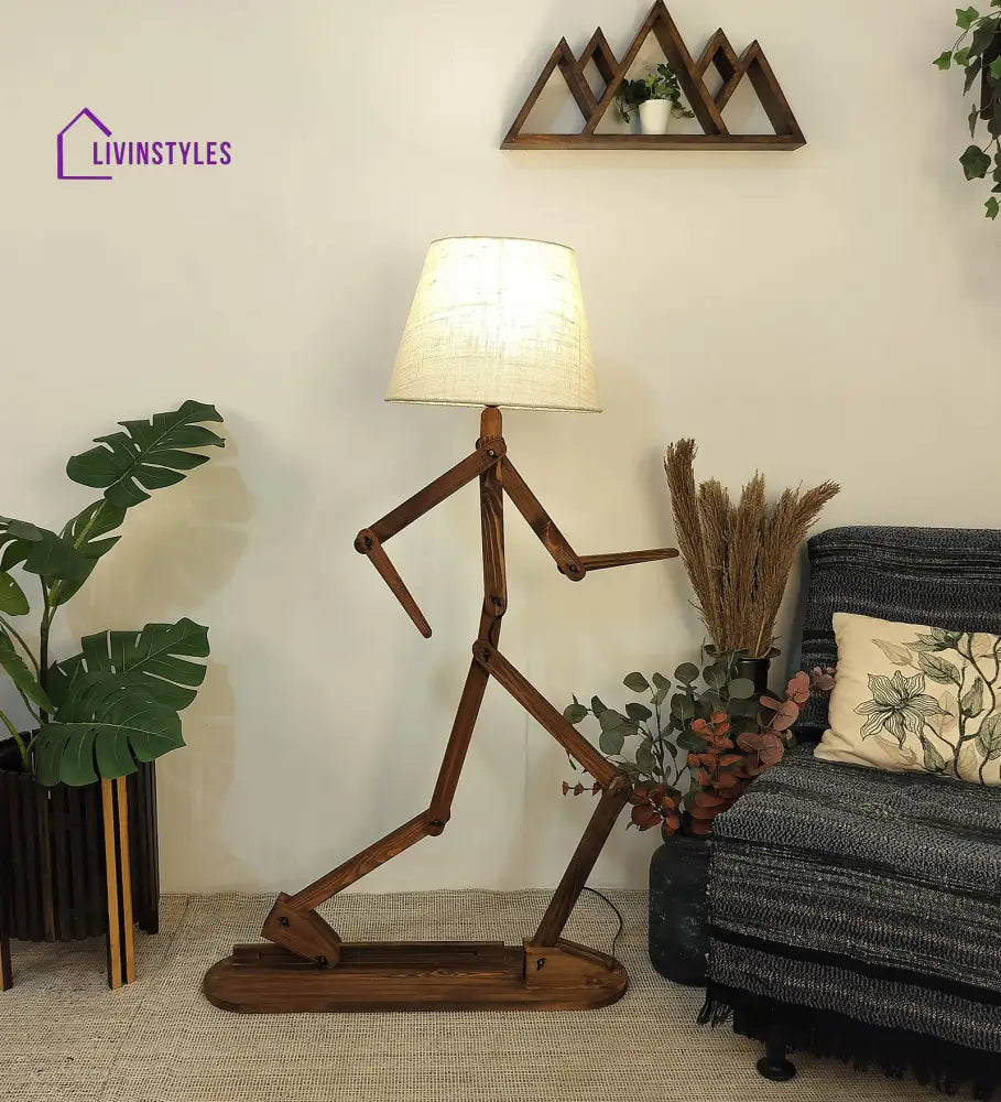 Moonwalker Wooden Floor Lamp With Brown Base And Premium Beige Fabric Lampshade Lamps