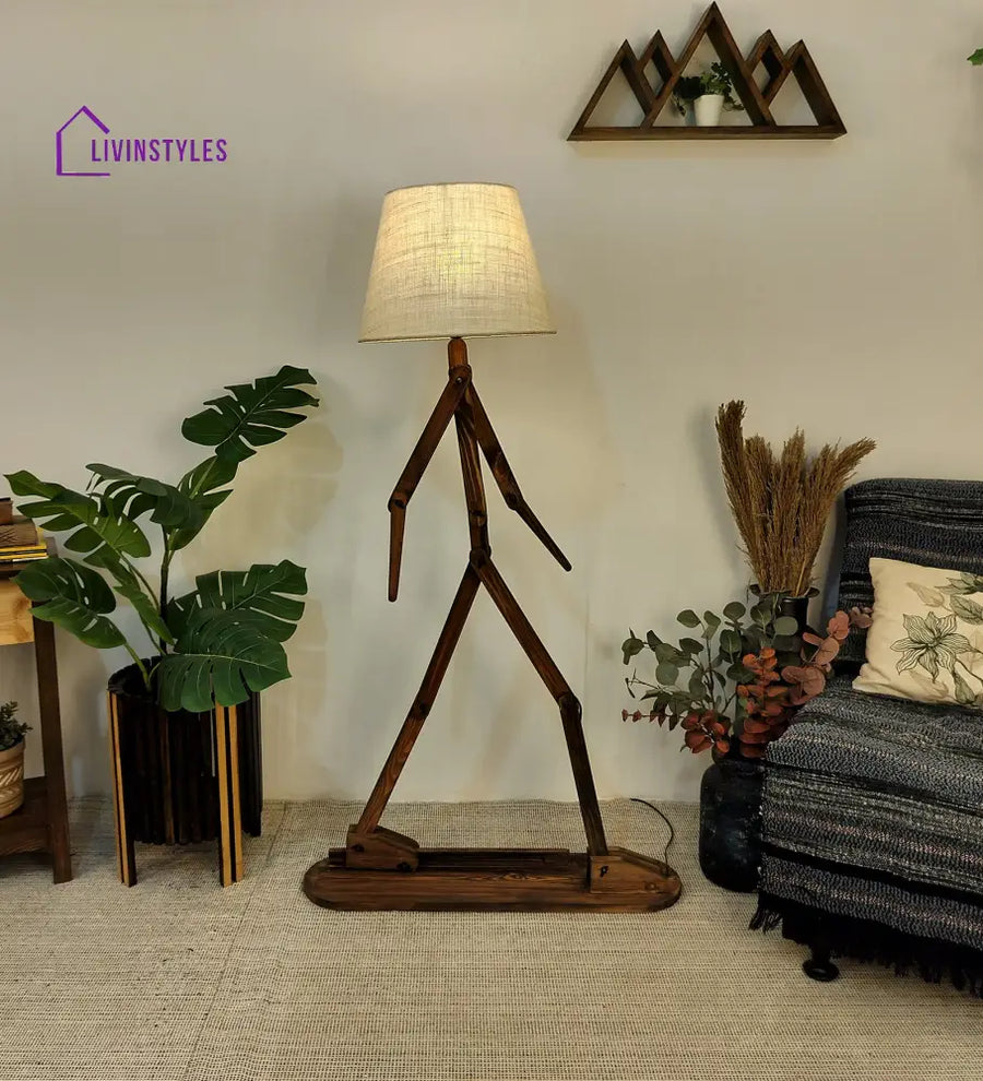 Moonwalker Wooden Floor Lamp With Brown Base And Premium Beige Fabric Lampshade Lamps