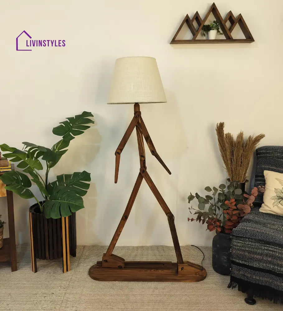 Moonwalker Wooden Floor Lamp With Brown Base And Premium Beige Fabric Lampshade Lamps