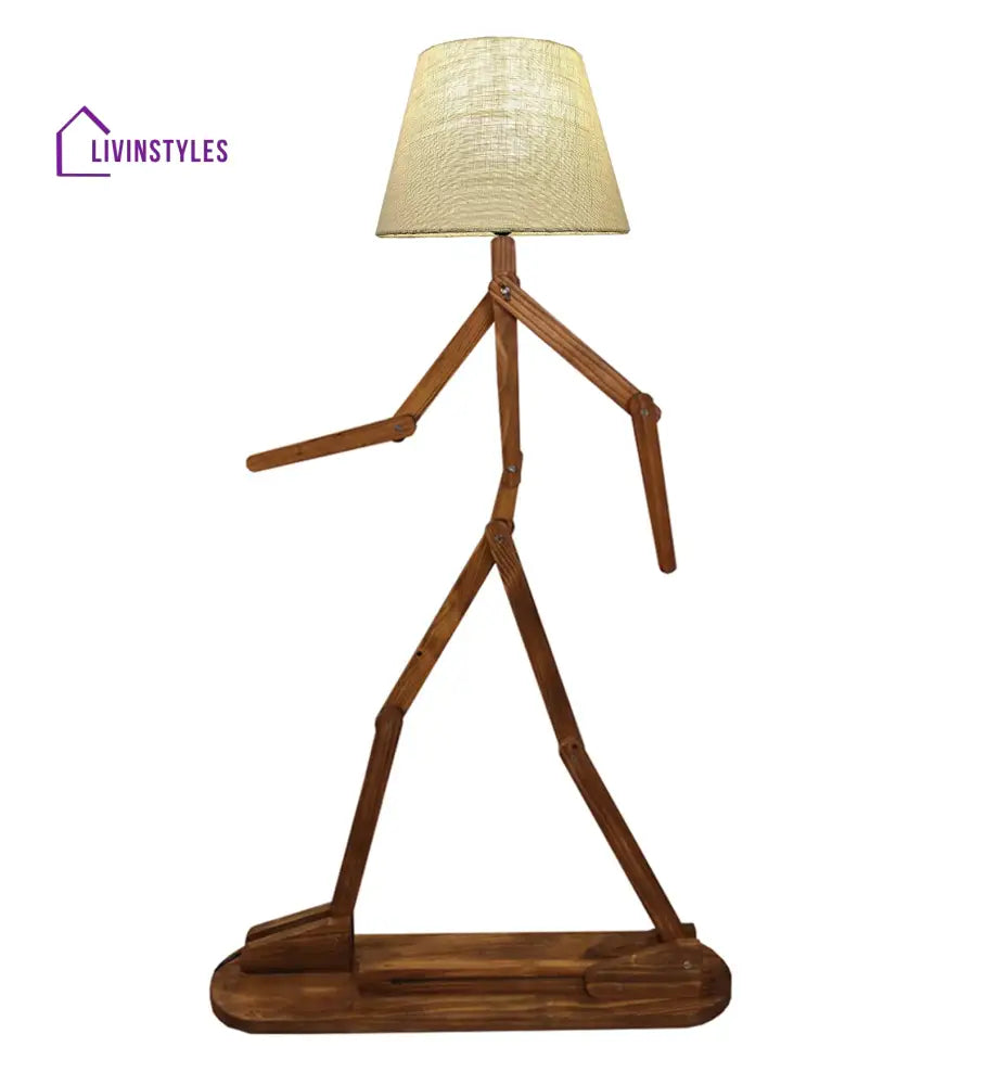 Moonwalker Wooden Floor Lamp With Brown Base And Premium Beige Fabric Lampshade Lamps