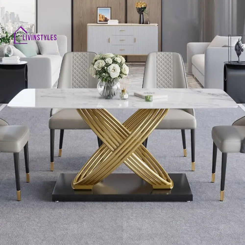 Mourya Stainless Steel With Pvd Coated Dining Table Set Marble Top - 6 Chairs