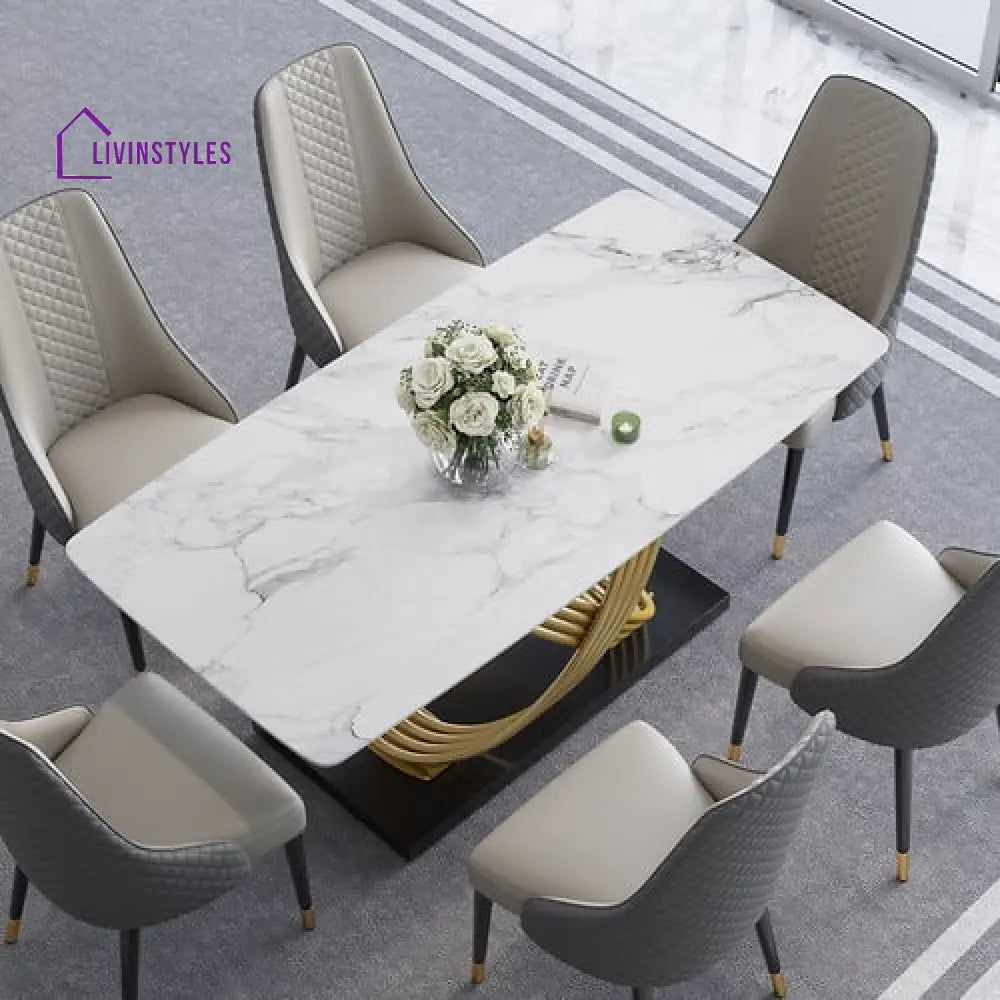 Mourya Stainless Steel With Pvd Coated Dining Table Set Marble Top - 6 Chairs