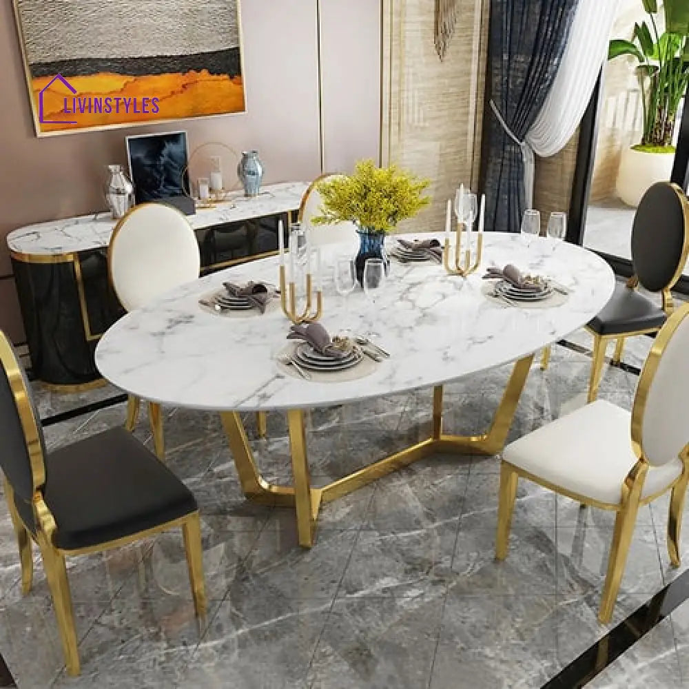 Mrig Stainless Steel With Pvd Coated Dining Table Marble Top