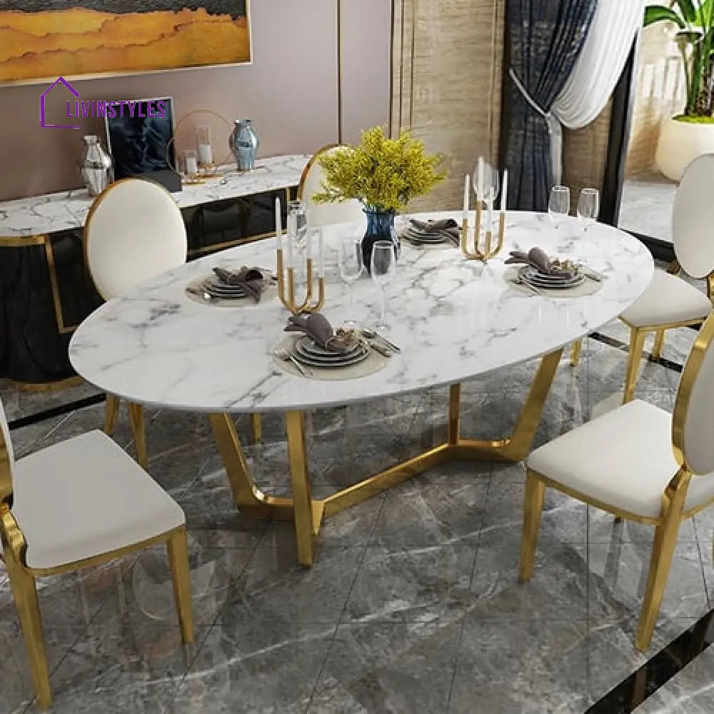 Mrig Stainless Steel With Pvd Coated Dining Table Marble Top