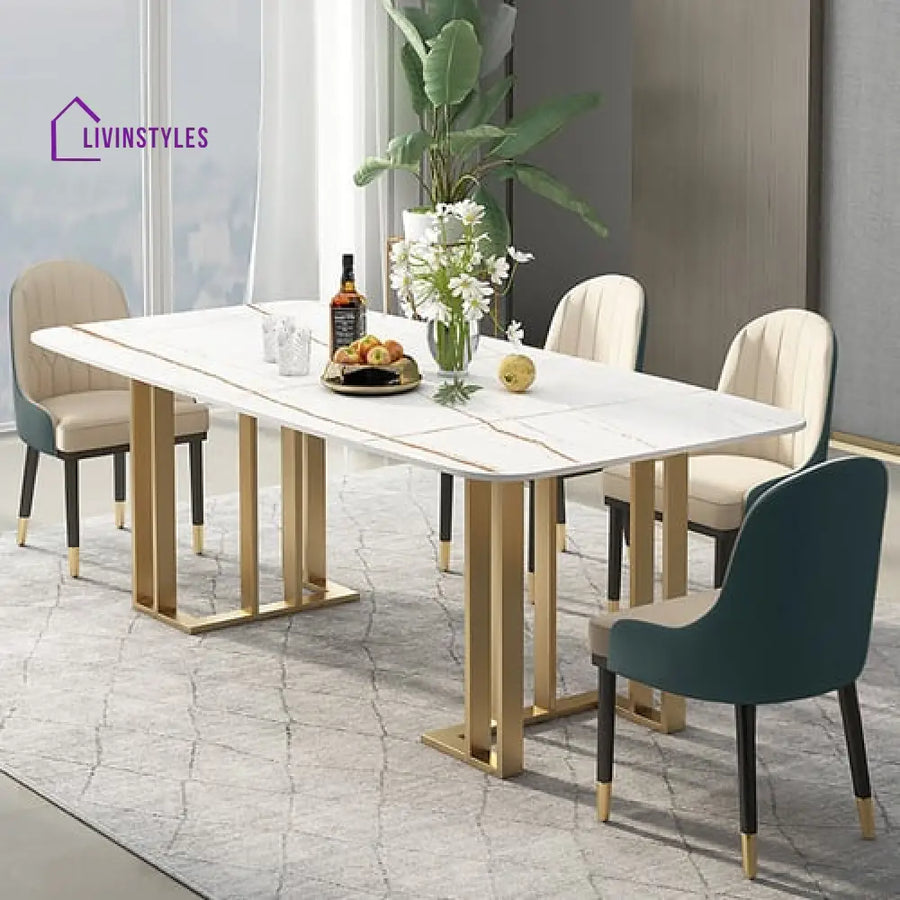 Mrinal Stainless Steel With Pvd Coated Dining Table Marble Top - 4 Chairs